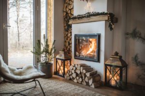 Cozy fireplace with christmas decor
