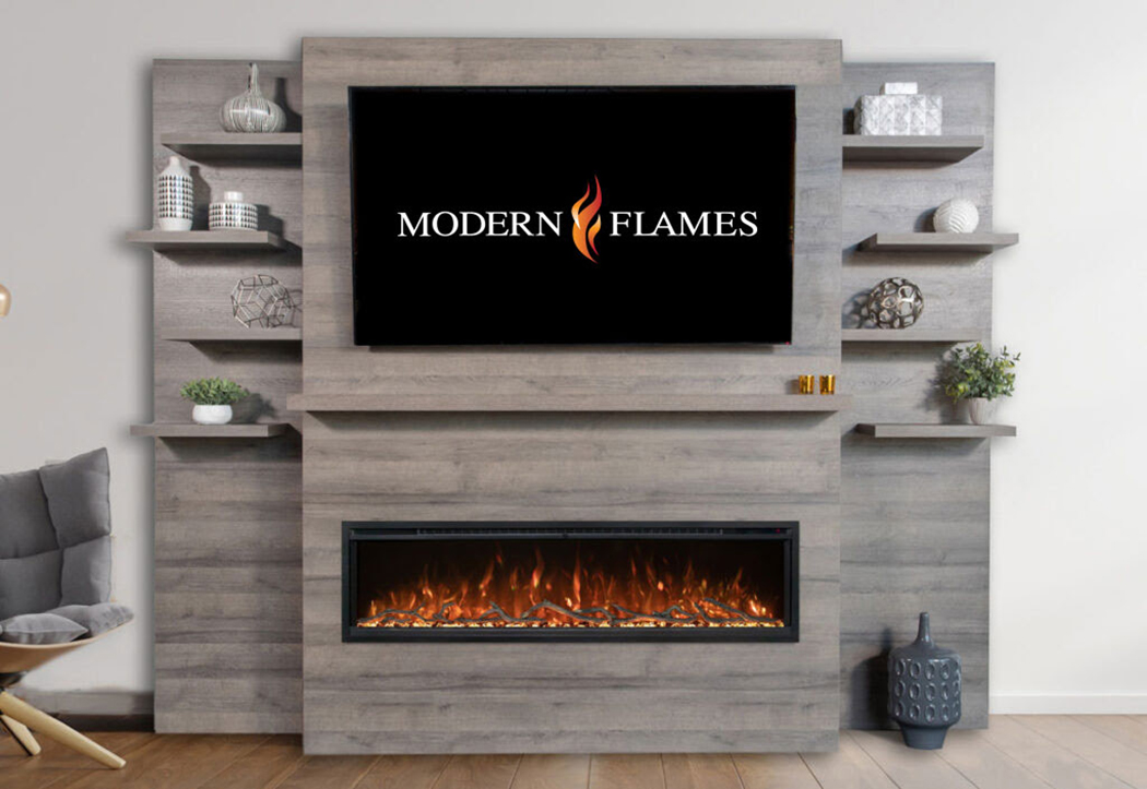 Allwood Wall System with flatscreen tv reading Modern Flames