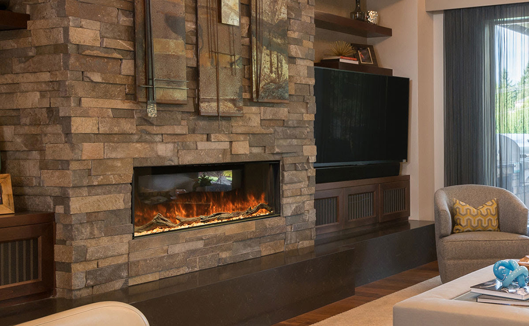 Electric Fireplace installed into a rocky mantle